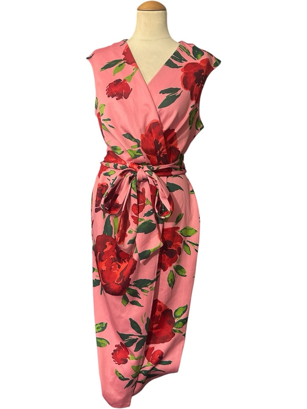 New York & Company Surplice Rose Midi Dress Pink Green Size XS